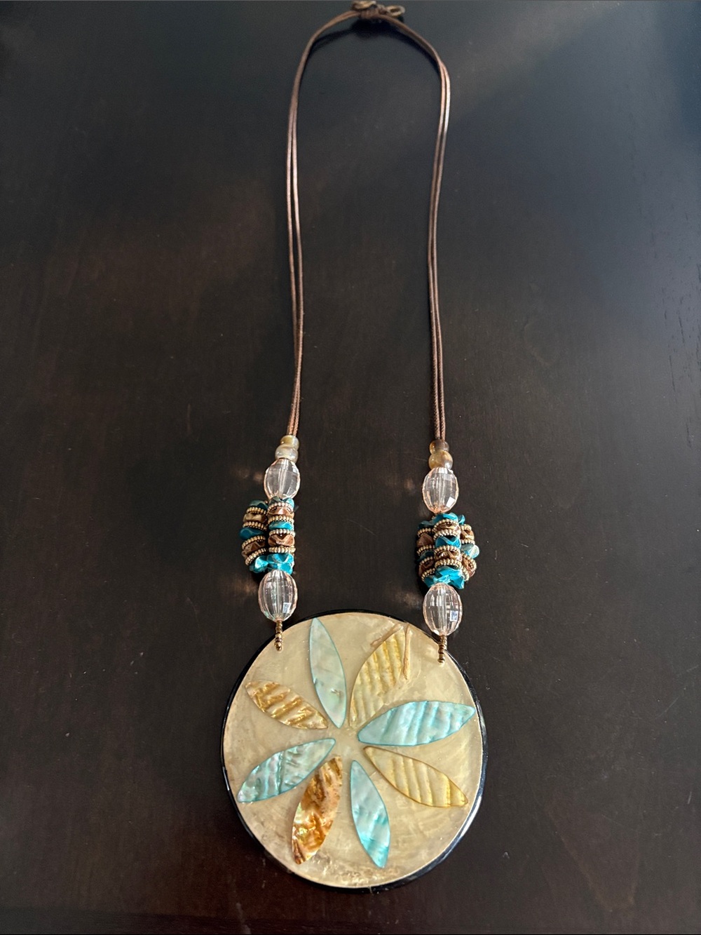 Round Mother-of-Pearl Pendant Necklace with Turquoise Accents